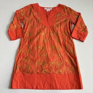 Gretchen Scott Designs Split Neck Tunic Dress Women's M Orange Gold Starbursts
